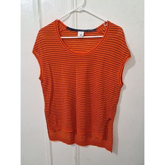 Iris And Ink Womens Medium  Linen Knit Top Orange Blue Stipe Cap Sleeve - Picture 1 of 7